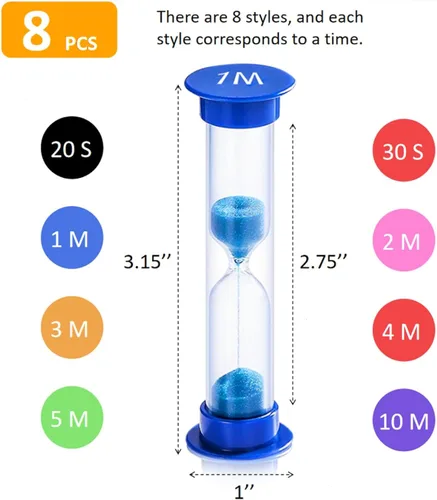 Vista 2 de Juego de 8 relojes de arena coloridos para niños, 20 segundos, 30 segundos, 1 minuto, 2 minutos, 3 minutos, 4 minutos, 5 minutos, 10 minutos