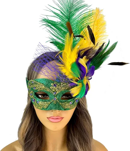 Vista 19 de Máscara de plumas burlesque, máscara de encaje de Mardi Gras para mujer, disfraz de plumas de pavo real, máscara de brocado veneciano