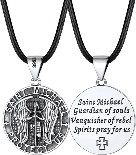 Vista 26 de FaithHeart Collar de San Miguel, acero inoxidable, chapado en oro de 18 quilates, amuleto colgante de San Miguel Arcángel para hombres y mujeres