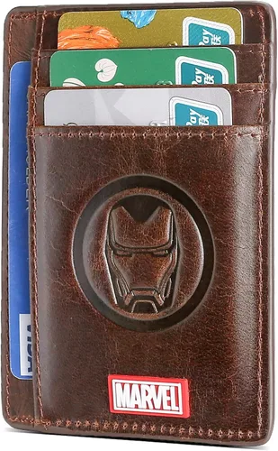 Vista 3 de NARYM Cartera de cuero genuino con personaje del Capitán América, delgada y minimalista de cuero frontal con bloqueo RFID para hombres y mujeres