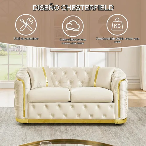 Vista 5 de Sofá Chesterfield de 62.6 pulgadas, moderno de mediados de siglo, sofá de terciopelo blanco beige y dorado, sofás de lujo para sala de estar
