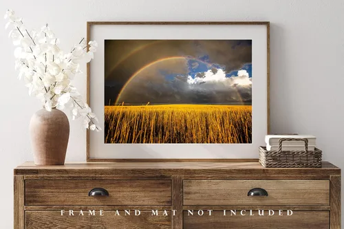 Vista 4 de Great Plains Photography Print (Not Framed) Picture of Double Rainbow Over Golden Wheat Field on Stormy Spring Day in Kansas Western Sky Wall Art
