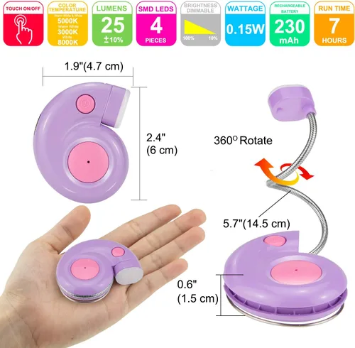 Vista 7 de Luz de libro, luz de lectura LED, luces de lectura para libros en la cama, luz de lectura de libros recargable por USB, luz de libro regulable de 3
