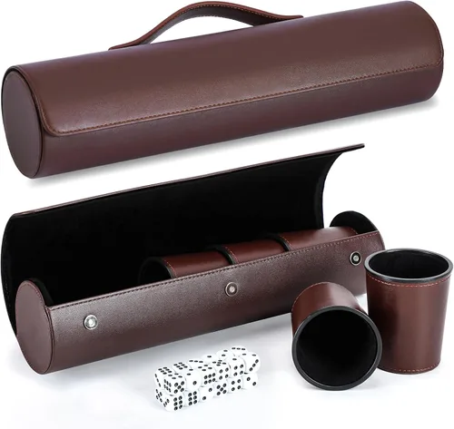 Vista 9 de Juego de tazas de cuero para dados, 5 tazas de dados negros + 25 dados + funda exclusiva de almacenamiento y transporte hecha de piel sintética