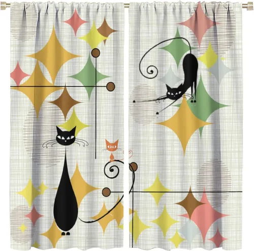 Vista 9 de Cortinas de estilo de mediados de siglo, diseño geométrico abstracto moderno, diseño retro, estampado de gato negro, para dormitorio, sala de estar