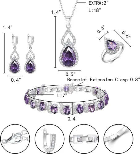 Vista 5 de EleQueen Jewelry Set for Women, Teardrop Cubic Zirconia Necklace Open Ring Earrings Bracelet Sets, WeddingAnniversaryValentine's DayMother's Day