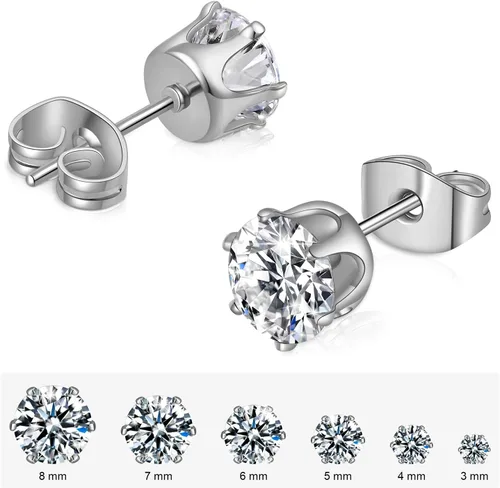 Vista 3 de Juego de 6 pares de aretes tipo dormilona de acero inoxidable 316L con circonita cúbica transparente para mujeres y hombres, de 0.315 a 0.3