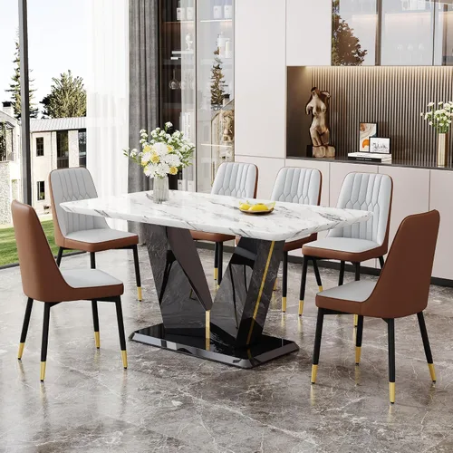 Vista 10 de Juego de mesa de comedor de 5 piezas, juego de mesa de comedor moderno de mármol de 63 pulgadas para 4, juego de mesa de cocina blanca para 4, juego