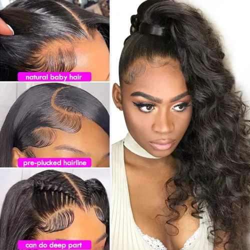 Vista 3 de premier Pelucas de encaje frontal 360 de cabello humano prearrancado ondulado con encaje 360 para mujeres negras, pelucas de cabello humano