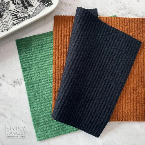 Vista 5 de Paquete de 5 paños de cocina suecos teñidos a mano, reutilizables, biodegradables, súper absorbentes de doble textura, embalaje sin plástico