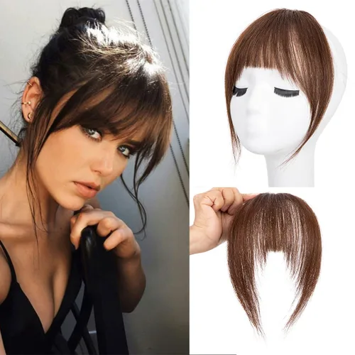 Vista 14 de Flequillo con clip, extensiones de cabello humano 100 % real, flequillo con clip para mujer, extensiones curvadas para uso diario