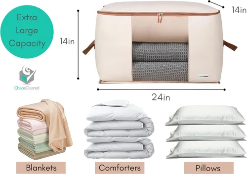 Vista 2 de Chaos Cleared Bolsas de almacenamiento de lona para edredones, paquete de 2 – Almacenamiento de temporada para almohadas, mantas, ropa de cama