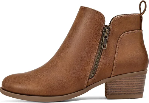 Vista 5 de Mysoft - Botines de tobillo para mujer con tacón bajo grueso y puntera redonda, estilo casual, cómodos, cortos con cremallera lateral PU Coñac