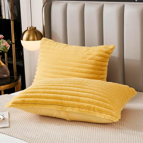 Vista 29 de Juego de 2 fundas de almohada para cama tamaño king, fundas de cojín rectangulares lumbares con diseño de rayas, forro de piel de conejo sintética
