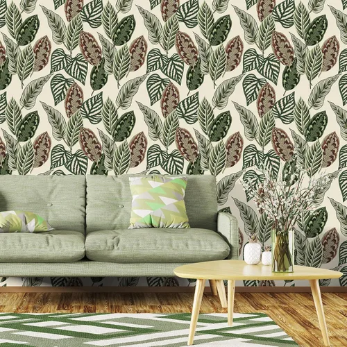 Vista 8 de VaryStyle Papel tapiz de hojas de palma tropicales de 17.7 x 118 pulgadas, color verde/beige, hojas de palmera botánicas, despegar y pegar, papel