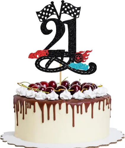 Vista 15 de Decoración para tartas de cumpleaños número 13, decoración para tartas de trece años con purpurina rápida, bandera a cuadros, pista de carreras