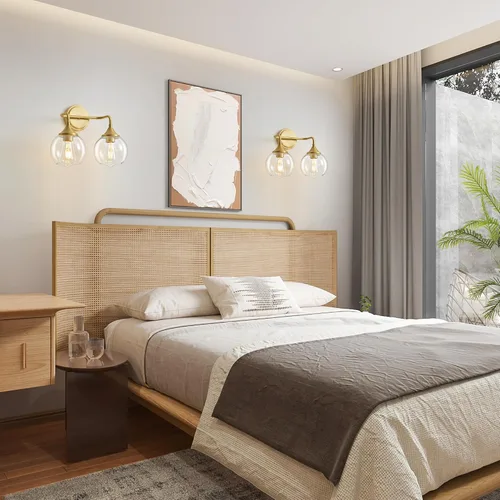 Vista 6 de Lámpara de Tocador de Baño Dorada con Pantalla de Vidrio Transparente, Base E26, Luminarias de Baño de 2 Luces Sobre Espejo, Luces de Tocador de 14