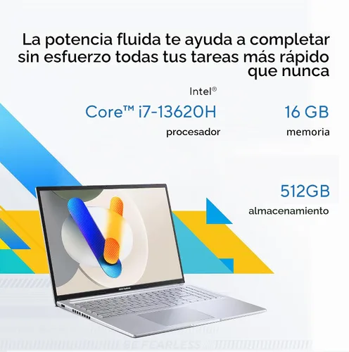 Vista 4 de ASUS Vivobook 16 Laptop, pantalla WUXGA de 16" a 60Hz, Intel Core i7-13620H, Intel UHD Graphics, 16 GB de RAM, SSD de 512 GB, Windows 11, plata