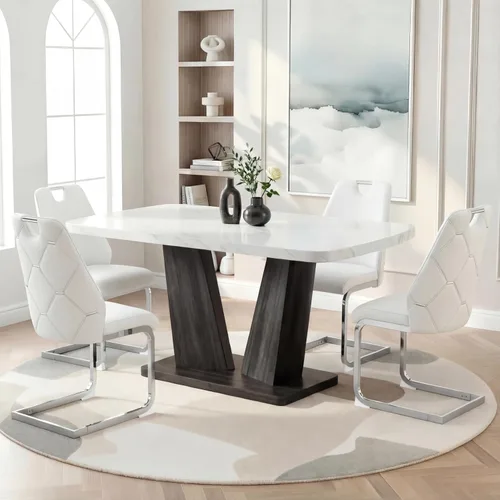 Vista 13 de Juego de mesa de comedor para 6, juego de mesa de comedor de mármol para 6, juego de 6 sillas de mesa de cocina con base de madera, juego de mesa