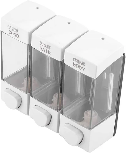 Vista 6 de Oumefar Dispensador de 3 cámaras y ducha montado en la pared, loción líquida, dispensador de champú manual, dispensador de ducha, 3 cámaras, sin