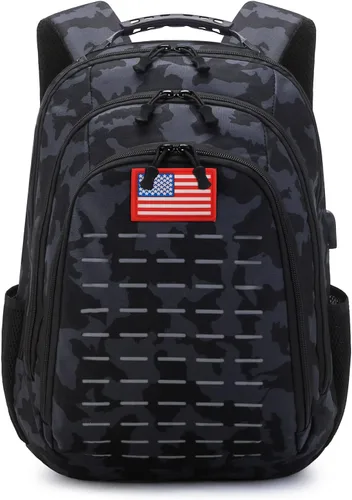 Vista 9 de Mochila de camuflaje, pequeña mochila táctica para exteriores, mochilas militares para niños adolescentes para la escuela con puerto de carga USB