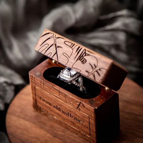 Vista 6 de MUUJEE Grow Old With Me Engraved Wooden Ring Box, Slim Engagement Proposal Ring Holder, Wedding Ceremony Ring Bearer Box, Fiance Gift Ideas