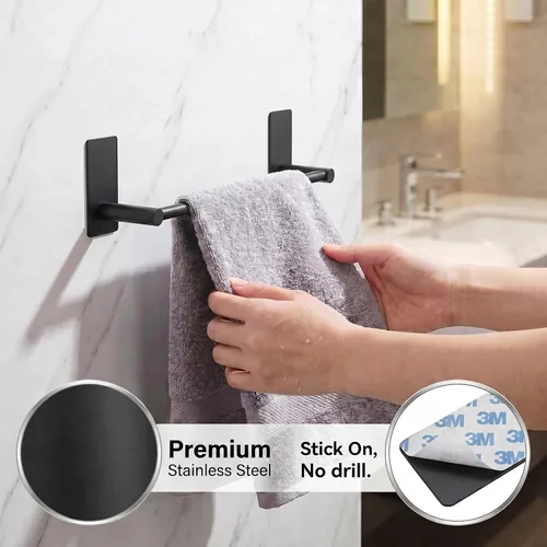Vista 7 de Barra de Toalla Adhesiva Negra de 9 Pulgadas, Soporte de Toalla de Baño Adhesivo, Soportes de Toalla de Mano, Sin Perforación en la Pared - Negro