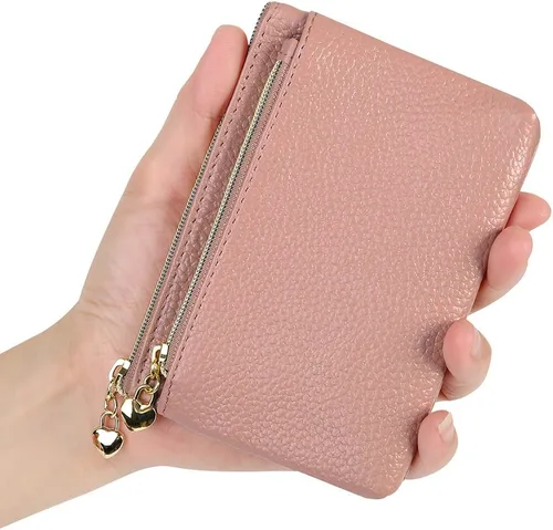 Vista 5 de Monedero de cuero genuino para mujer, con cremallera, tamaño de bolsillo, rosa oscuro