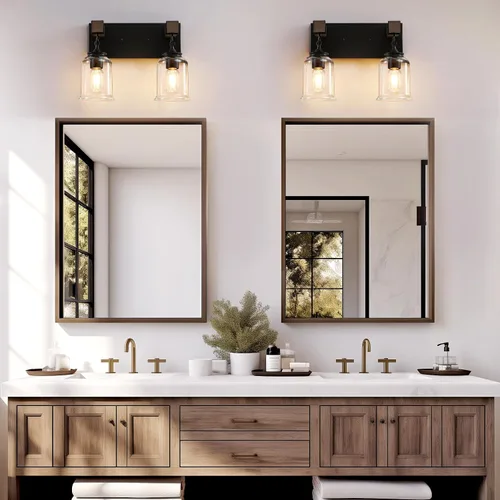 Vista 5 de VbiTmn Accesorios de Iluminación para Baño Estilo Granja, Lámpara de Tocador para Baño de 2 Luces Negro Mate, Estilo Industrial con Pantallas
