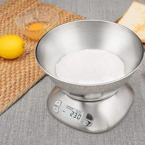 Vista 7 de Báscula digital de cocina con cuenco extraíble de 2.5 L, báscula electrónica de alimentos de acero inoxidable para cocinar hornear, temperatura