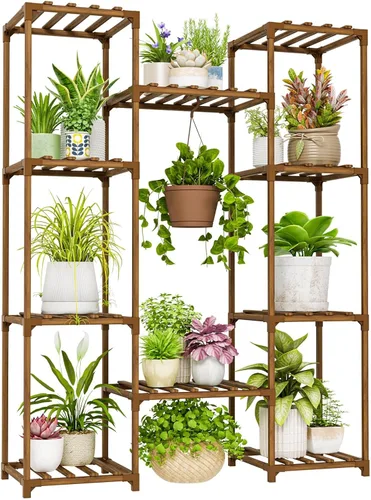 Vista 10 de Bamworld - Soporte para plantas con ruedas de madera para interior y exterior, estante para múltiples plantas con 11 macetas, soporte alto y grande