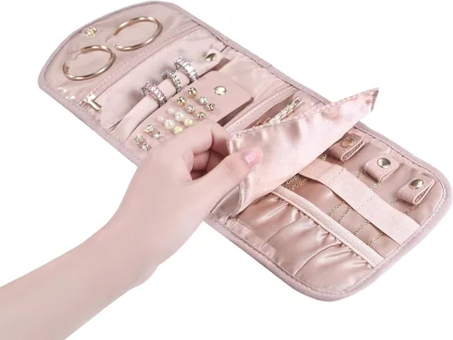 Vista 2 de XIUQILAI Joyero de viaje pequeño, joyero portátil de viaje para anillos, aretes, collares, pulseras, organizador de almacenamiento, caja de joyería