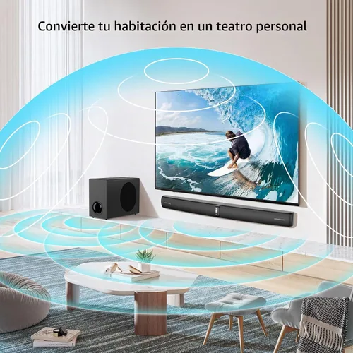 Vista 5 de Barra de Sonido Assistrust con Subwoofer, Barra de Sonido de 110W para Smart TV con Bajo Profundo Ajustable y Aumento de Volumen y 3 Modos de EQ