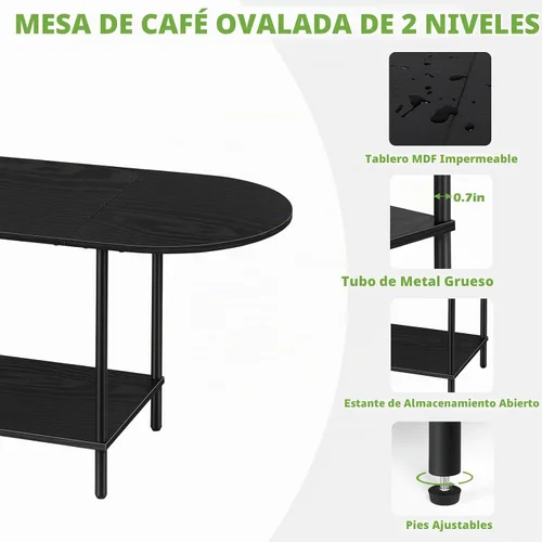 Vista 7 de ETELI Mesas de centro negras para sala de estar, pequeña mesa de centro ovalada de 2 niveles, mesas auxiliares de madera con estante
