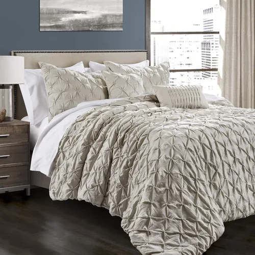 Vista 10 de Lush Decor Ravello Pintuck Juego de Edredón – Juego de ropa de cama texturizada de lujo de 5 piezas – Decoración tradicional de dormitorio inspirada