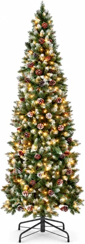 Vista 10 de 4.5 ft Frosted Artificial Pencil Christmas Tree with Pine Cones PVC foliage, hinged branches, foldable stand, indoor holiday decor for apartments
