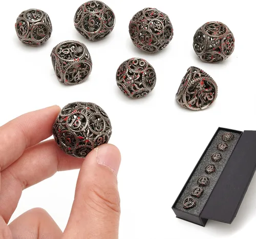 Vista 15 de Dados DND, dados de metal huecos D&D, juego de dados de mazmorras y dragones con caja de regalo, 7 piezas de juegos de dados poliédricos steampunk