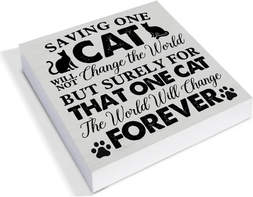 Vista 2 de Cartel de madera rústico para amantes de los gatos, decoración de escritorio, Saving One Cat Will Not Change the World, letrero de madera