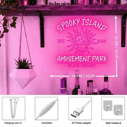 Vista 4 de Spooky Island Neon Sign Retro Cartoon Halloween Movie LED Decor Spooky Tombstone LED Wall Decor Rip Led Sign for Ghost Night Lamp Birthday Party