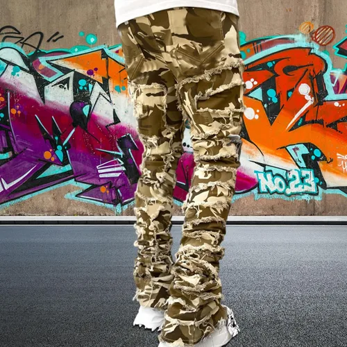 Vista 3 de BBAUER Jeans apilados para hombre, S-XXL Pantalones elásticos apilados relajados, pantalones de mezclilla ajustados transpirables con bolsillos