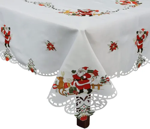Vista 3 de Creative Linens Juego de 4 manteles individuales bordados de Navidad con Papá Noel, reno, flor de pascua, 11 x 17 pulgadas, color blanco
