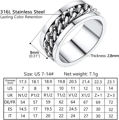 Vista 4 de PROSTEEL Anillo giratorio para hombre, anillos para ansiedad, cadena de eslabones cubanos giratoria de 0.315 in, anillo grueso, tamaño 6-14, grabado