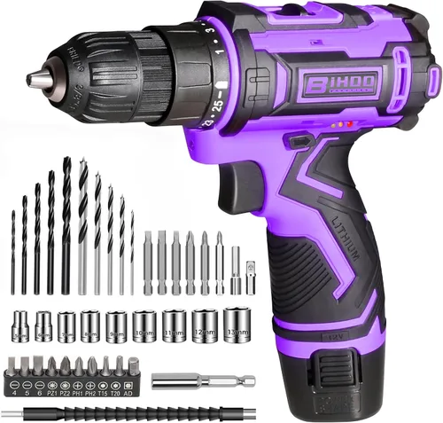 Vista 14 de Juego de Taladro Inalámbrico 12V, Kit de Taladro con Batería y Portabrocas sin Llave de 3/8 Pulgadas, 2 Velocidades Variables y 43 Piezas de Brocas
