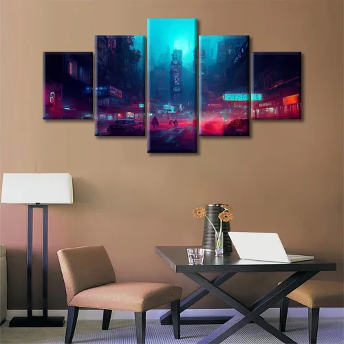 Vista 91 de Cuadros de 5 paneles de Cyberpunk City, arte de pared, representación de vallas publicitarias, edificios modernos en la capital con obras de arte