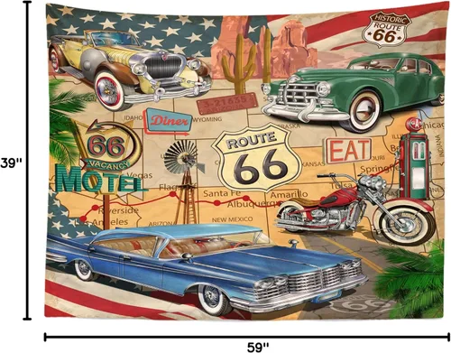 Vista 8 de BELECO Telón de fondo de fotografía con temática Route 66, tela de 5 x 3 pies, diseño retro de mapa de carretera, motel, motocicleta, autos, Arizona