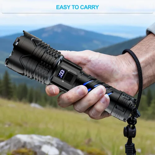 Vista 13 de Karrong Linterna recargable, linterna de haz largo de alto lúmenes, linterna potente súper brillante, 5 modos, zoomable, impermeable, luz táctica