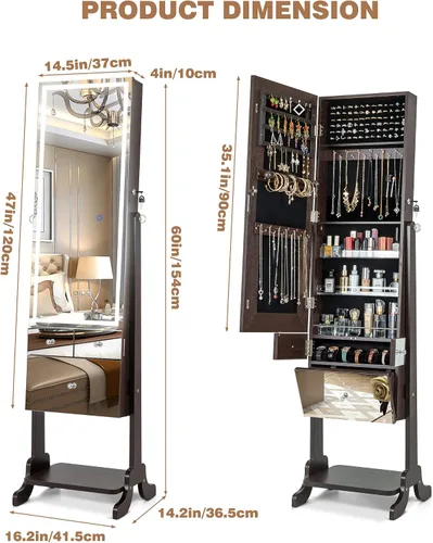 Vista 7 de Becko US Armario de joyería con luz LED de 3 colores, cajones de espejo y estante inferior, espejo con gafas y almacenamiento de relojes, armario