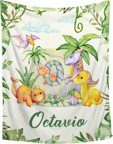 Vista 80 de Manta de regalo personalizada de dinosaurio con nombre para niñas, niños, recién nacidos, dinosaurio, manta personalizada para envolver al bebé