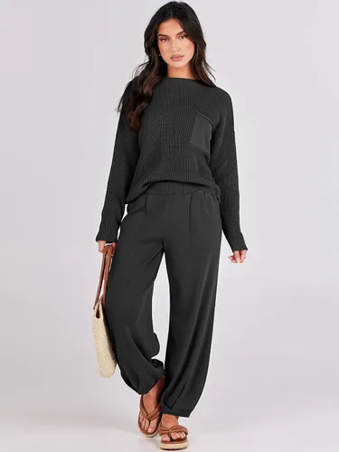 Vista 3 de Prinbara Conjunto de 2 piezas para mujer, suéter de punto para otoño, pantalones de gran tamaño, conjunto casual de descanso
