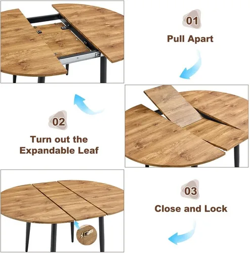 Vista 4 de FURNITO Juego de mesa de comedor de madera para 4, mesa extensible redonda a ovalada de 42 a 54 pulgadas con 4 sillas de tela, juego de comedor 4